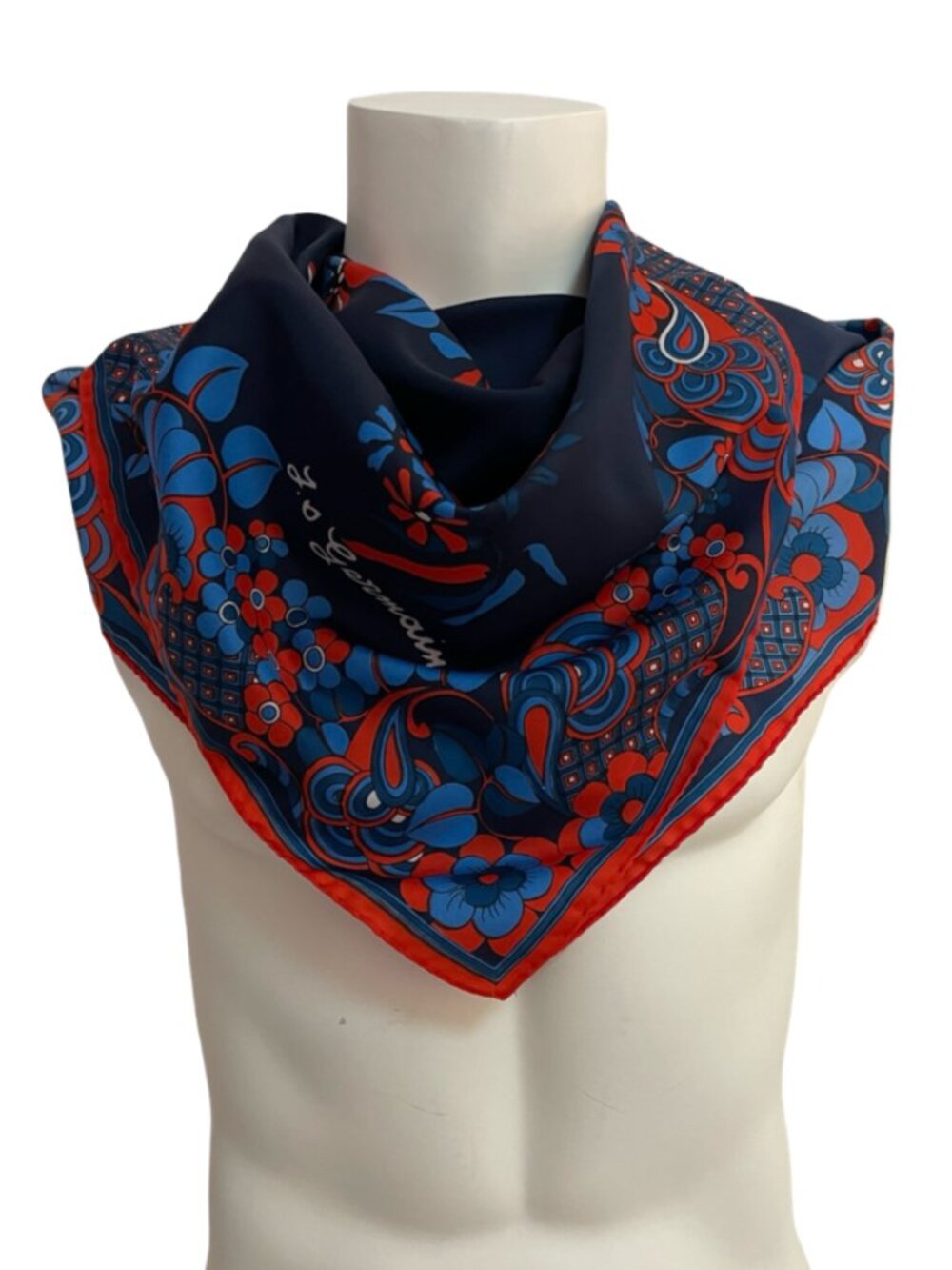 J.S. Germain Square Scarf 30x30 Floral Retro Print Navy Blue Red